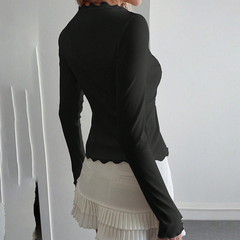 Women's Elegant Lace Trim V-Neck Blouse, Ruffle Detail Long Sleeve Button-Down Shirt For Spring Fall Wear