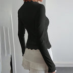 Women's Elegant Lace Trim V-Neck Blouse, Ruffle Detail Long Sleeve Button-Down Shirt For Spring Fall Wear