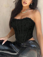 Women's Floral Lace Corset Top Gothic Sexy Lace Up Strapless Tube Tops Backless Party Corset Cropped
