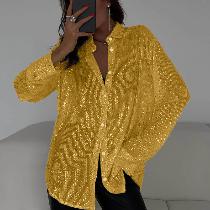 Sequin Lapel Long Sleeve Shirt
