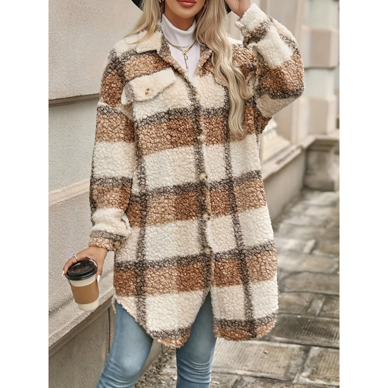 Lapel Colorblock Plaid Jacket New Design Sense Padded Coat Women's Clothing