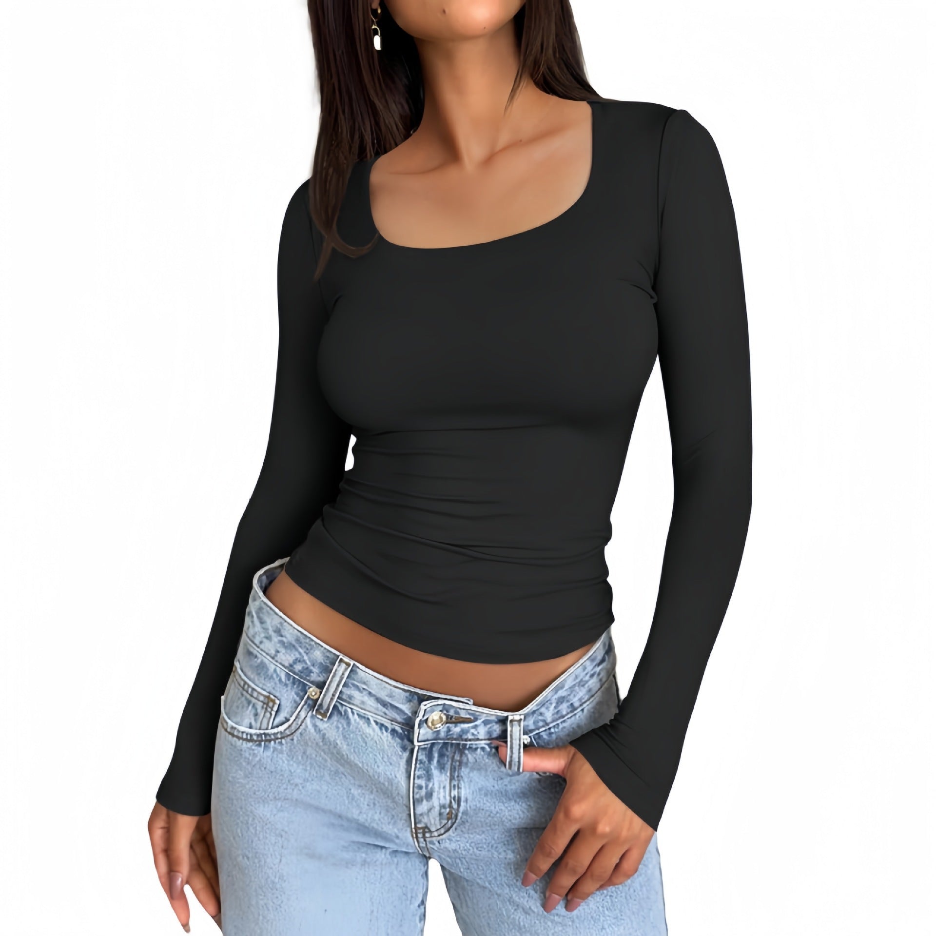 Solid Color Double Layer Square Collar Slimming Sexy Long Sleeve Women's T-shirt
