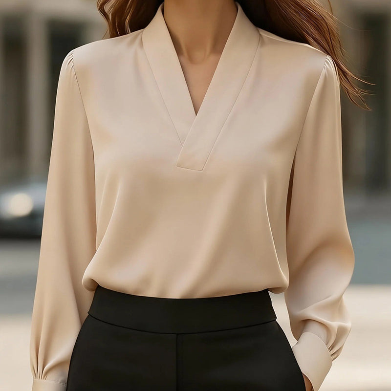 Women's Elegant V-Neck Blouse, Solid Color Shiny Finish Long Sleeve Dress Shirt For Office And Casual Wear
