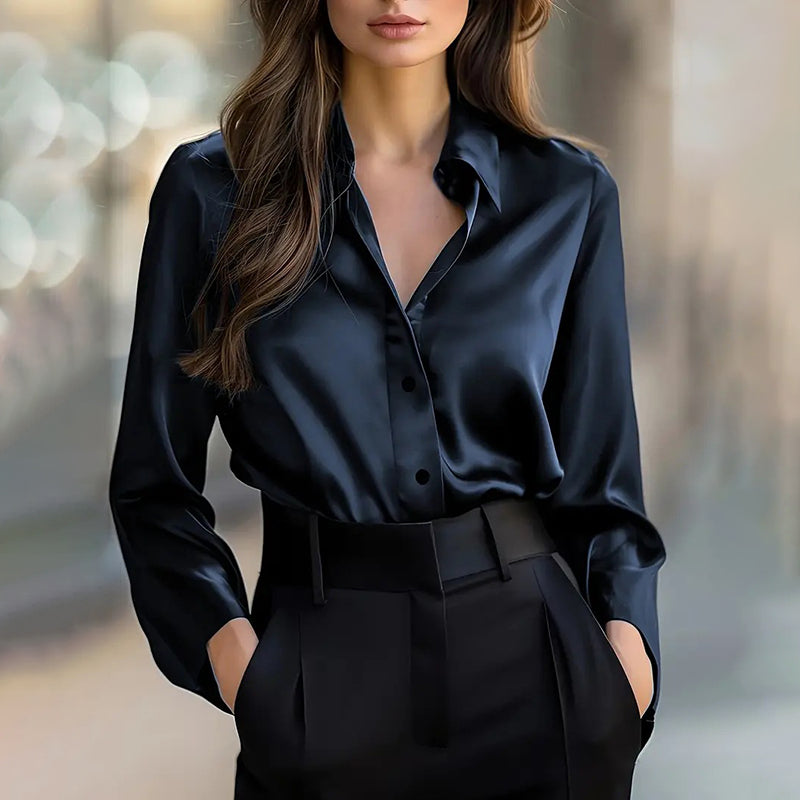 Elegant Women's Solid Color Lapel Shirt Long Sleeve Button-Down Blouse For Office And Formal Wear