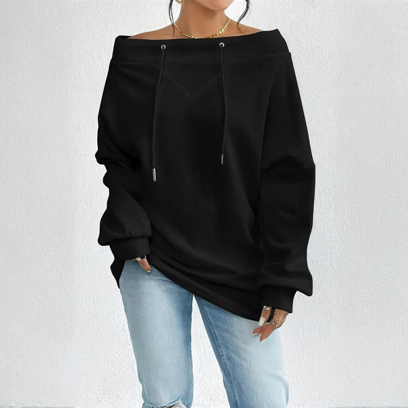 Plus Size Women's Solid Color Off-Shoulder Long Sleeve Pullover With Drawstring - Casual Ribbed Detail Top For Spring&Fall