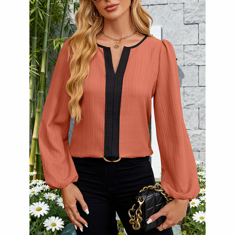 Women's Color Block Blouse, V-Neck Long Sleeve Work Shirt, Dressy Casual Business Tops For Fall