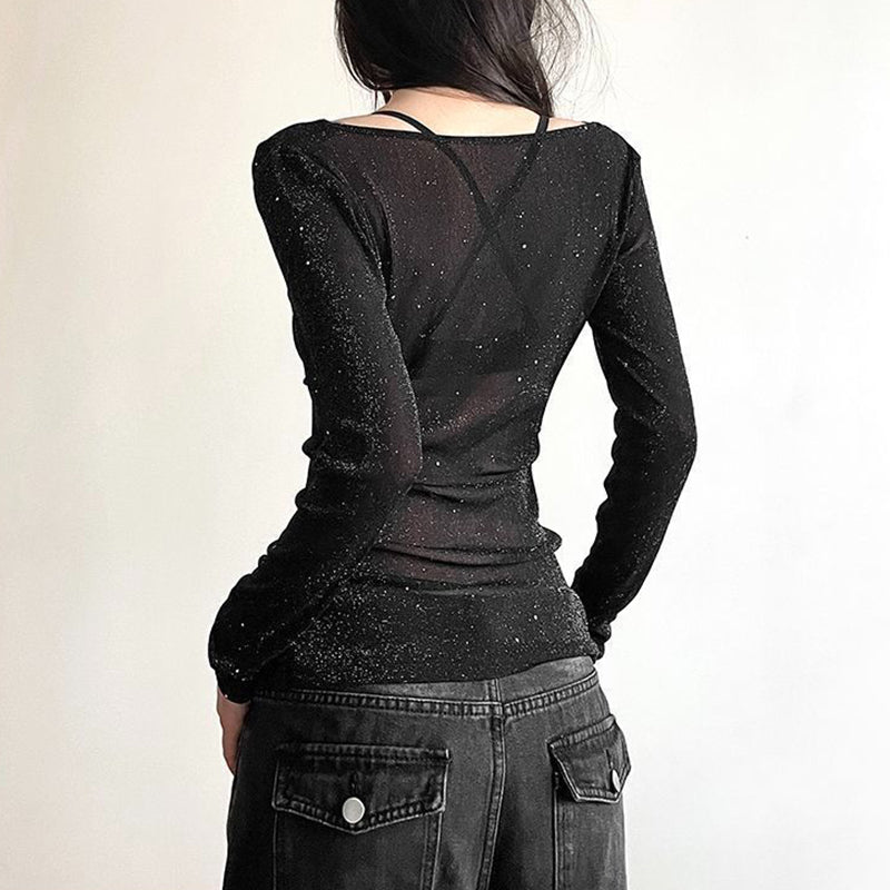 Women's Sparkly Mesh Top - Long Sleeve See Through Sexy Blouse For Party & Club