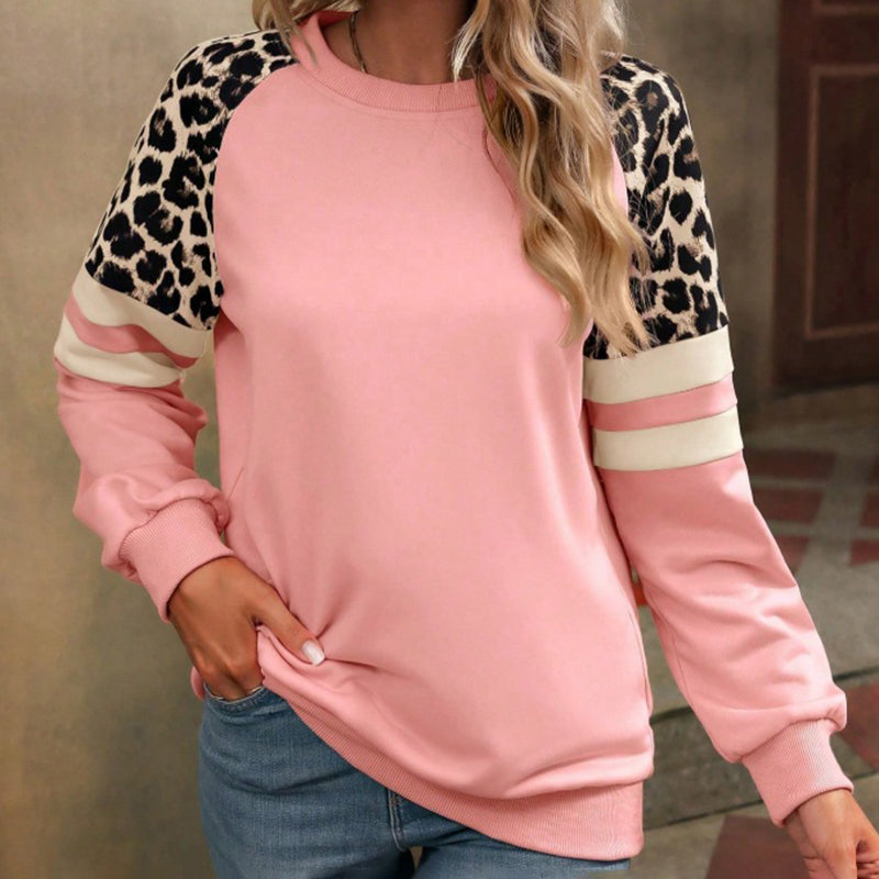 Women's Leopard Print Raglan Sweatshirt - Casual Striped Sleeve Pullover, Fashion Long Sleeve Top
