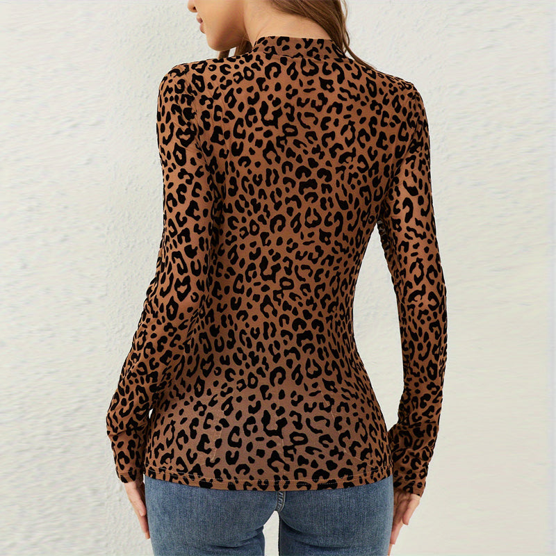 Women's Solid Color Stand Collar Long Sleeve Fitted Top, Sheer Leopard Print Pattern, Layering Base For Spring And Autumn