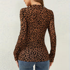 Women's Solid Color Stand Collar Long Sleeve Fitted Top, Sheer Leopard Print Pattern, Layering Base For Spring And Autumn