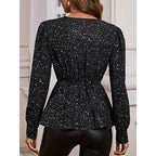 Womens Sparkly Tops Shiny Long Sleeve Ruched Asymmetrical Hem Sparkle Blouses Cocktail Party Evening Shirts