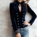 Women's Solid Color Velvet Blazer, Double-Breasted V-Collar Long Sleeve Jacket With Waist Definition