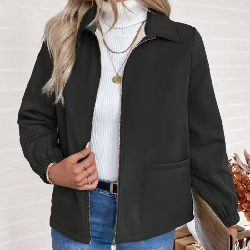 Women's Solid Color Fleece Jacket, Lapel Collar Cuff Sleeve Zip-Up Coat With Pockets For Casual Winter Wear