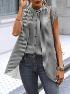 Black And White Striped Fake Two-piece Short-sleeved Shirt, Round-neck Front-buttoned Shirt