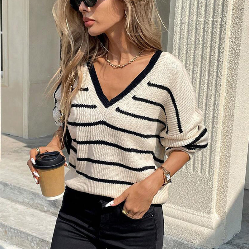 Women's Elegant Striped V-Neck Sweater, Back Tie Bow Detail Loose Fit Pullover For Spring And Fall