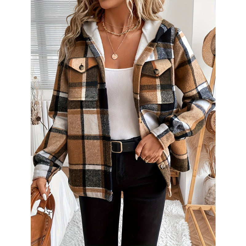 Women's Plaid Fleece Lined Hooded Jacket Button Front Long Sleeve Coat With Pocket For Autumn & Winter