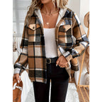 Women's Plaid Fleece Lined Hooded Jacket Button Front Long Sleeve Coat With Pocket For Autumn & Winter