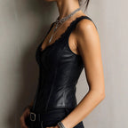 Women's Faux Leather Vest - Sexy Lace Trim V-Neck Sleeveless Top For Club & Y2K Party