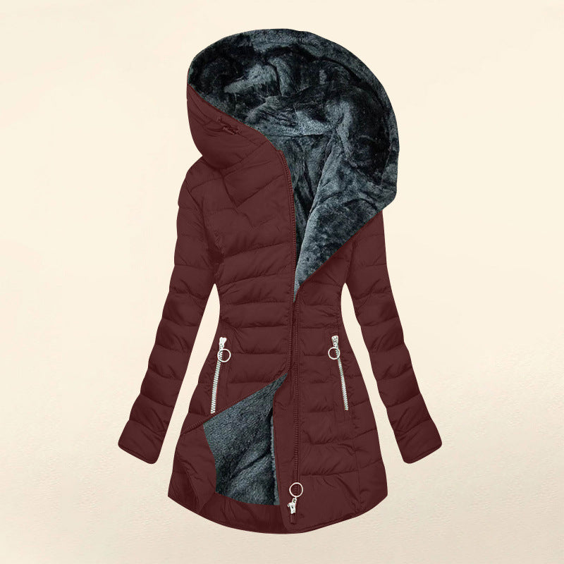 Women's Plush Hooded Mid-length Oblique Zipper Cotton-padded Coat