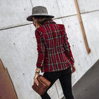Women's Elegant Checkered Long Sleeve Blazer - Double-Breasted Printed Trench Coat For Fall&Winter, Office & Casual Jacket