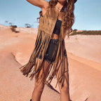 Women's Solid Color Elegant Western Fringe Vest - Round Neck Side Slit Hem With Boho Tassel Details