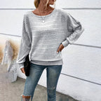Women's Textured Round Neck Long Sleeve Top - Casual Solid Pullover For Spring & Fall