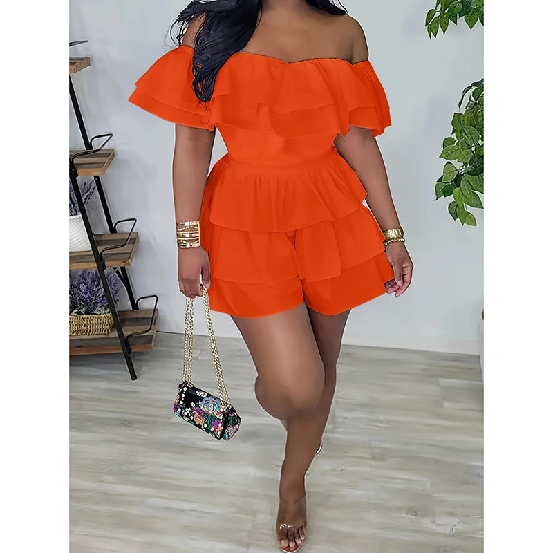 Womens Sexy Off Shoulder Rompers Summer Ruffle Short Sleeve Tiered Short Jumpsuits