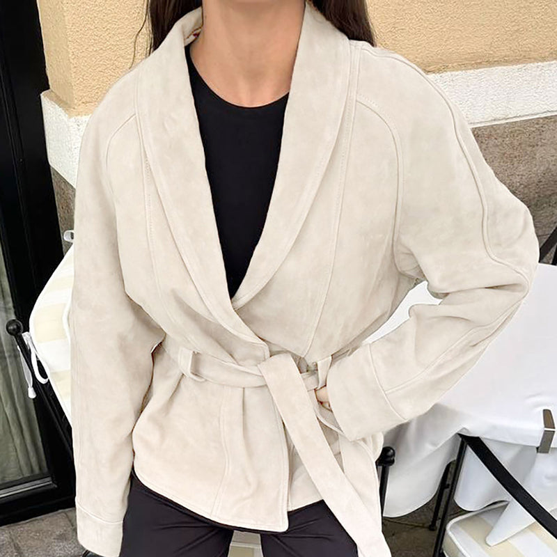 Women's Vintage Faux Suede Jacket - Self Tie Waist Belted Coat, Retro Solid Color