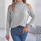 Women's Solid Color Off-Shoulder Cable Knit Sweater, High Neck Long Sleeve Pullover For Spring And Fall