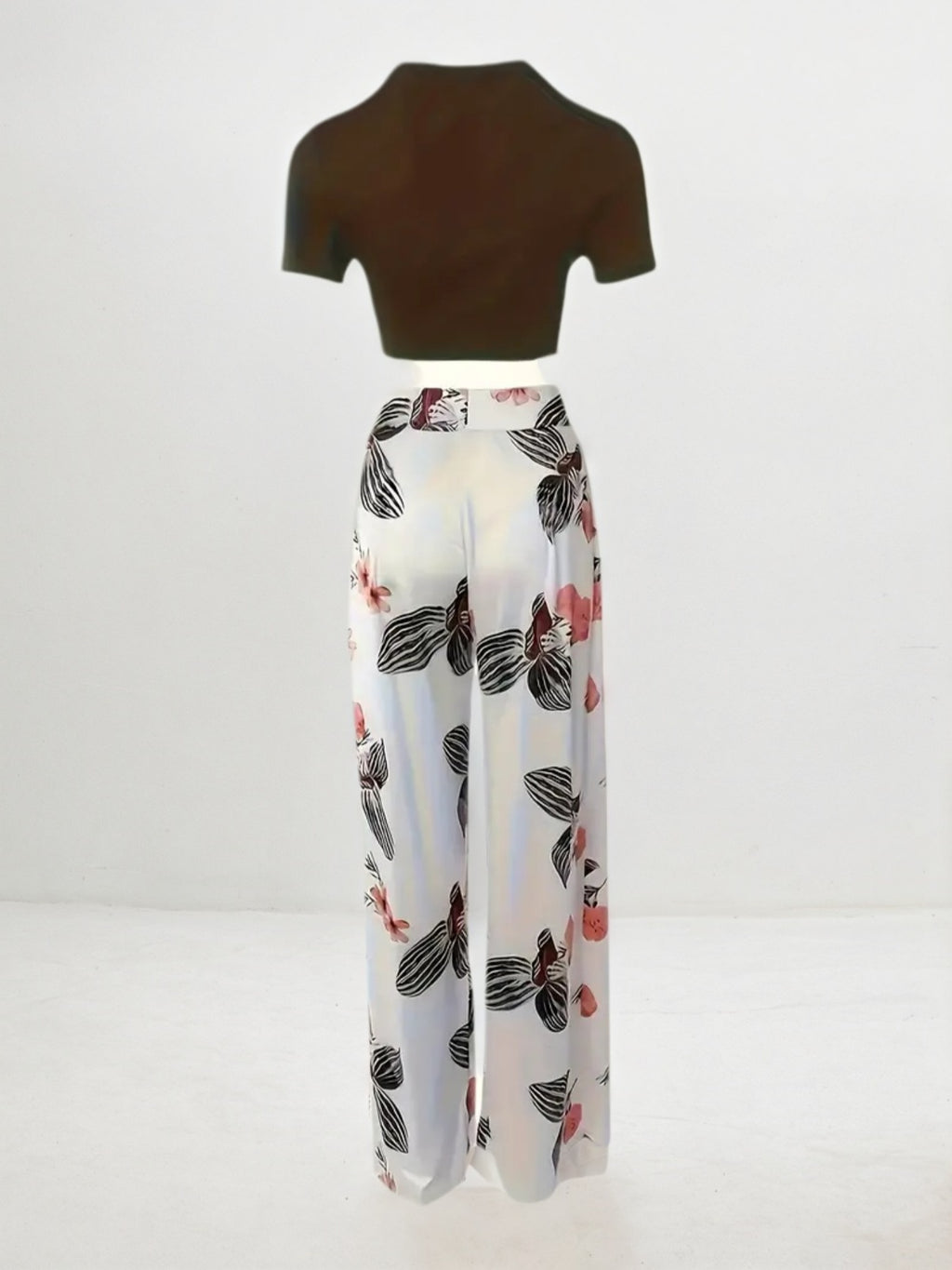 2 Pieces Of Women's Casual Sportswear, Striped Short Sleeved Jacket And High Waisted Wide Leg Pants Set, Brown, White And Black, Washable, Randomly Printed, Round Neck