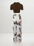 2 Pieces Of Women's Casual Sportswear, Striped Short Sleeved Jacket And High Waisted Wide Leg Pants Set, Brown, White And Black, Washable, Randomly Printed, Round Neck