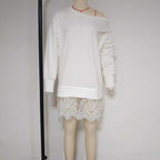 Women's Casual Long Sleeve Round Neck Sweatshirt, Asymmetrical Hem With Lace Detail Loose Top