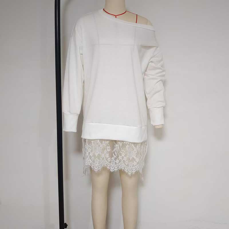 Women's Casual Long Sleeve Round Neck Sweatshirt, Asymmetrical Hem With Lace Detail Loose Top