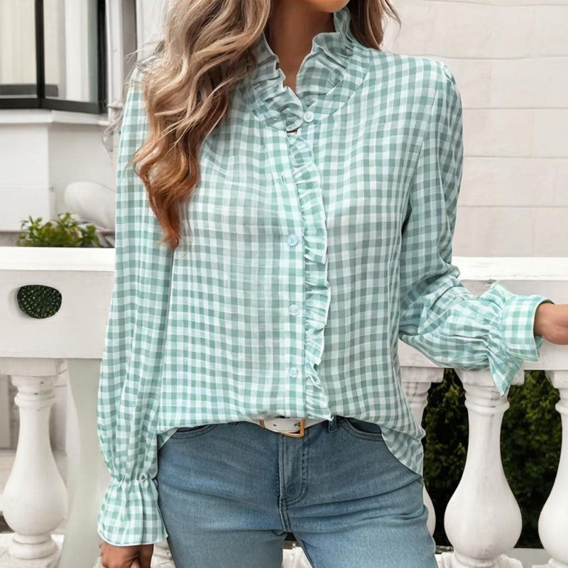 Women's French Style Checkered Button-Up Shirt - Elegant Plaid Pattern, Stand Collar With Ruffled Cuffs, Comfortable Wear