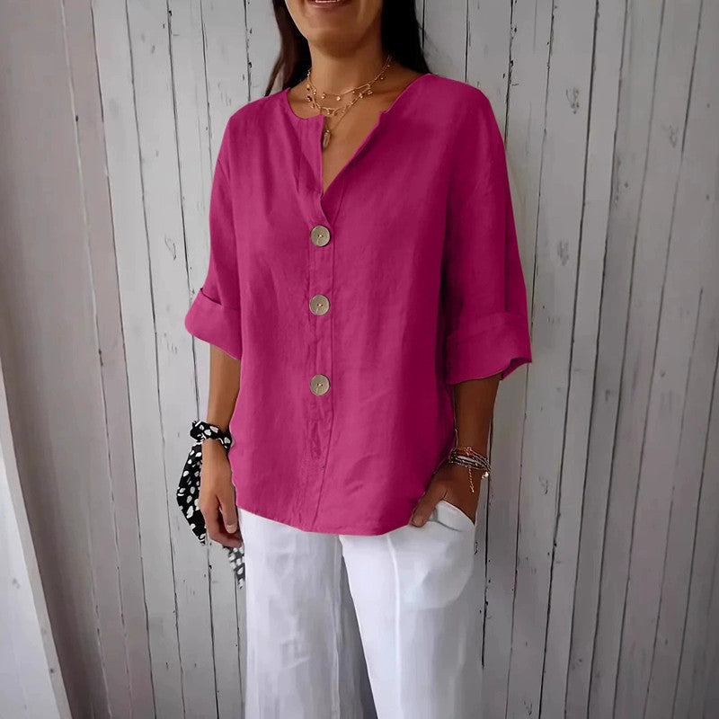 Loose Comfort And Casual V-neck Cotton And Linen Button Top
