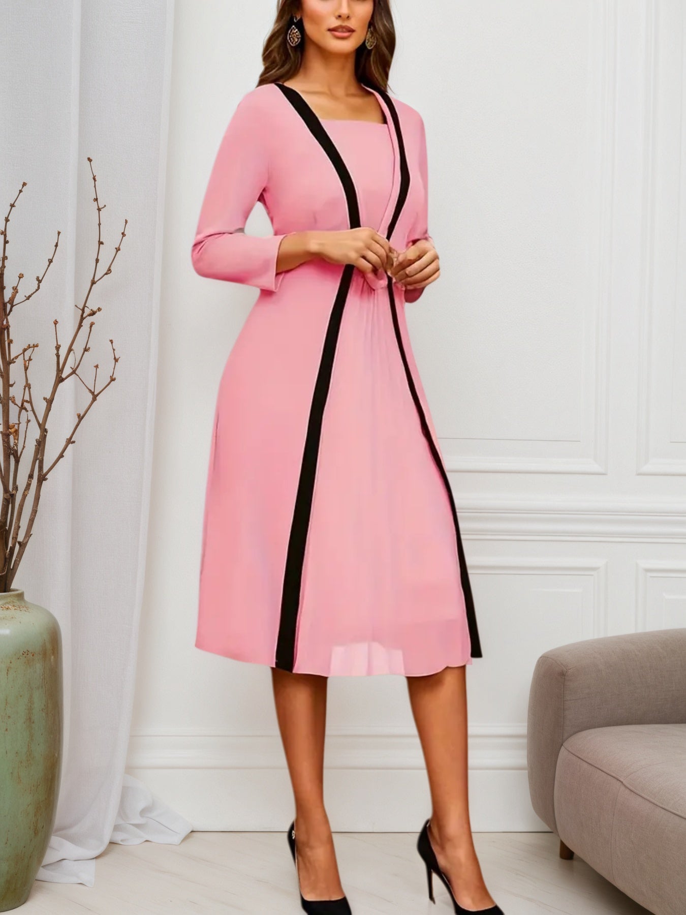 2025 Women's New Dress, Color Blocked Artificial Double Tube Dress, Seven Sleeve Layered Dress, Elegant And Casual Style, Fashionable And Beautiful, Women's Clothing