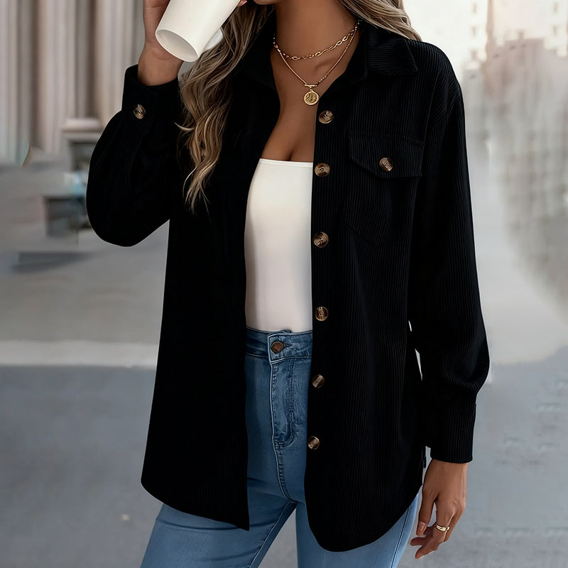 Women's Corduroy Shirt Jacket, Lapel Long Sleeve Button-Down Coat For Casual And Office Wear