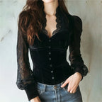 Women's Gothic Velvet Top, V Neck Lace Patchwork Long Sleeve Shirt