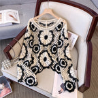 Women's Crochet Lace Yoke Sweater, Geometric Pattern Long Sleeve Pullover With Eyelet Embroidered Trim