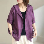 Women's Large Loose Vintage Cotton And Linen Casual Thin Hooded Cardigan