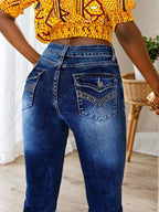 2025 Slim Fit Elastic Washed Blue Casual Style Zipper Buckle Jeans, Women's Denim Jeans