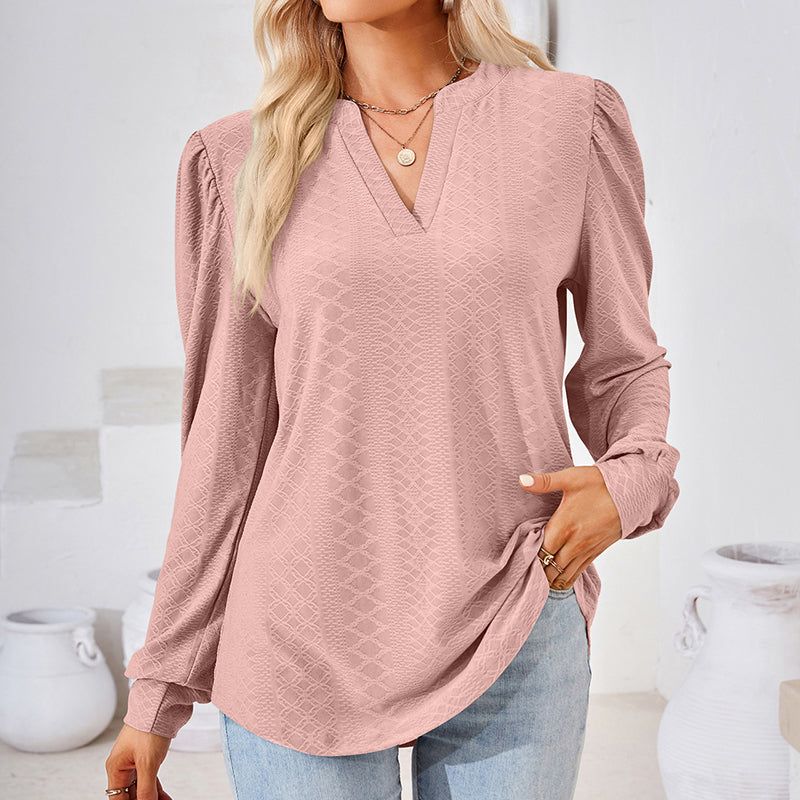 Women's Puff Sleeve V-Neck Blouse, Loose Long Sleeve Casual Work Top