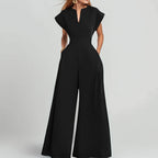 Women's V-Neck Solid Color Short Sleeve Jumpsuit Wide Leg A-Line Waist Tied Casual Summer Outfit