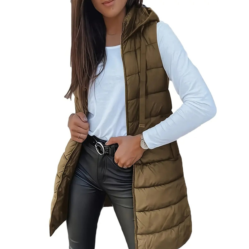 Women's Solid Color Sleeveless Hooded Vest, Mid-Length Zip-Front Waistcoat With Pockets For Spring And Fall Layering
