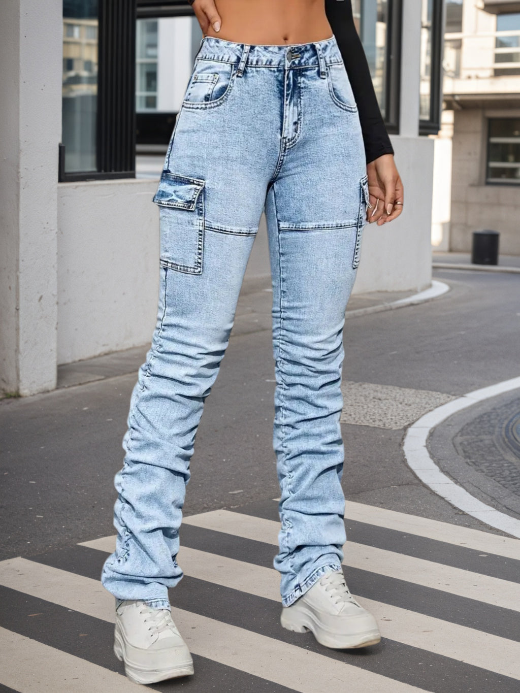 Women's High Waisted Elastic Blended Jeans With Machine Washable Side Pockets. They Have A Casual Street Style, Versatile Throughout The Year, Comfortable And Stylish.