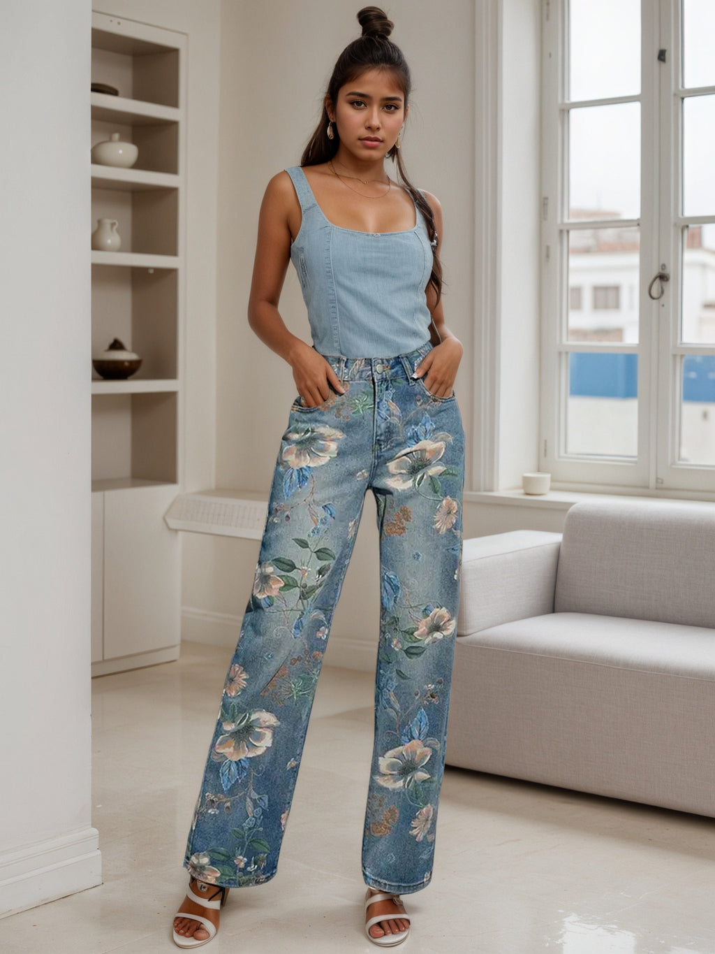 2025 New Women's Fashion Printed Jeans, Straight Leg Loose Wide Leg Pants, Suitable For A Variety Of Wear, Spring Summer Autumn Clothing, Women's Wear