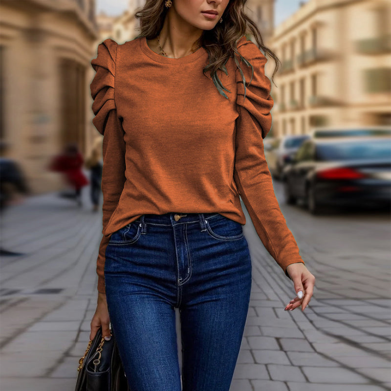 Women's Elegant Puff Sleeve Top, Ruffle Detail Long Sleeve Knit Blouse For Autumn And Winter