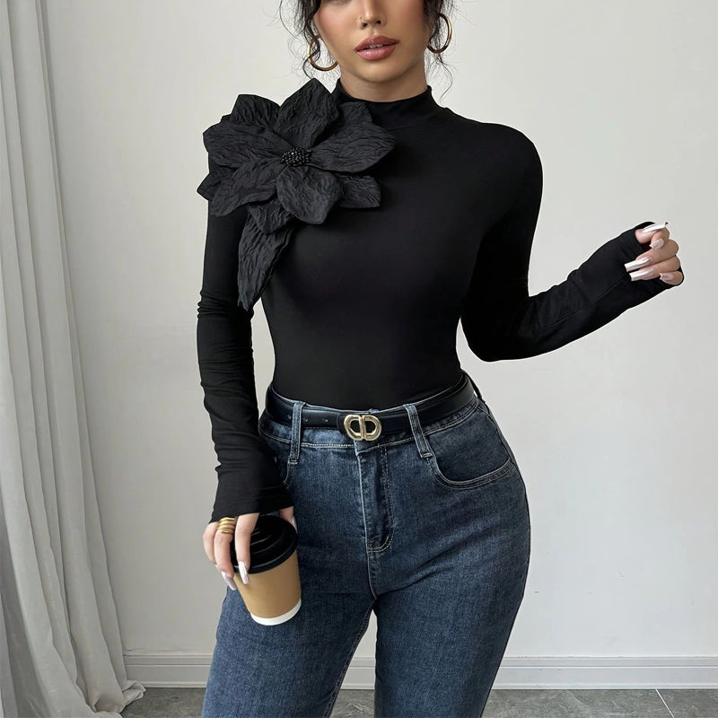 Women's Elegant Solid Color Knit Top, 3D Floral Rhinestone Decor High Neck Long Sleeve Blouse