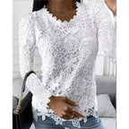 Plus Size Women's Solid Lace Top, Floral Pattern Round Neck Long Sleeve Blouse For Spring And Fall