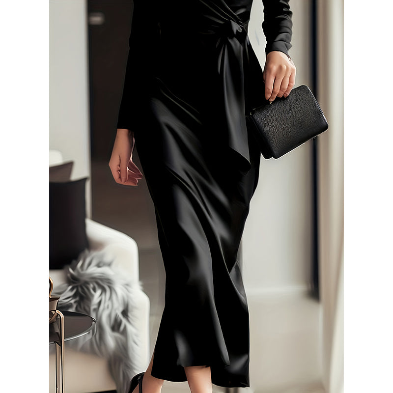 Women's Burgundy Satin Midi Dress Elegant V-Neck Long Sleeve Bodycon Dress With Belted Waist